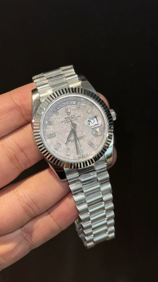 Premium Daydate | Silver Chain | Silver Meteorite Dial