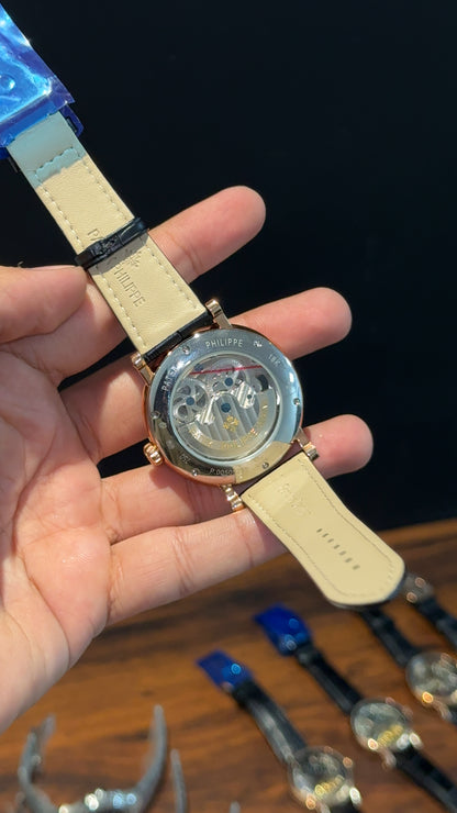 Patek Rose | Moonphase | Pendulum | Second Timer | Black Leather Strap | Grey Machine |  Orange Outline Dial