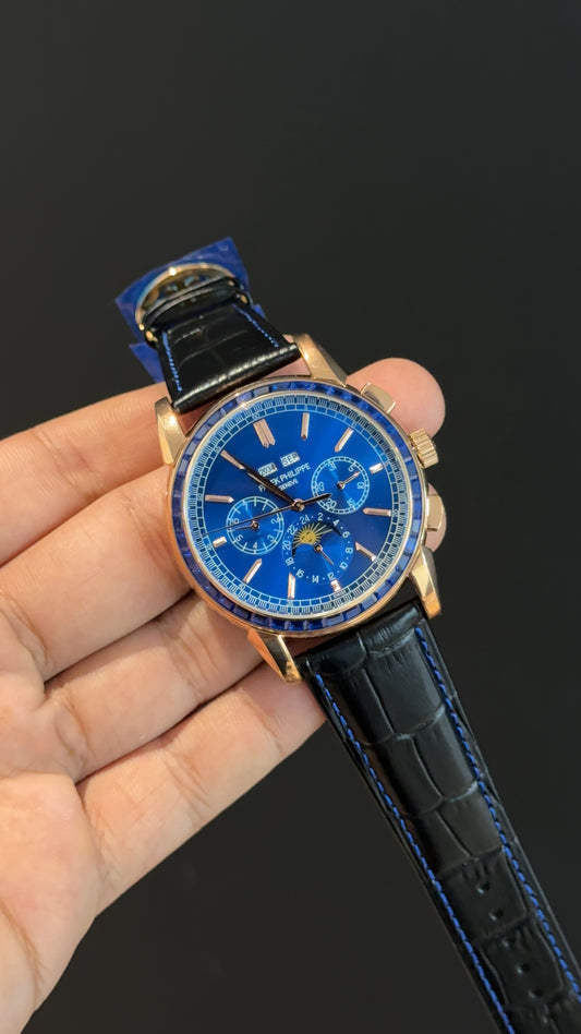 Patek Century | Auto | Rose | Blue Diamond Bezel | Black Leather Strap | Blue Index Dial
