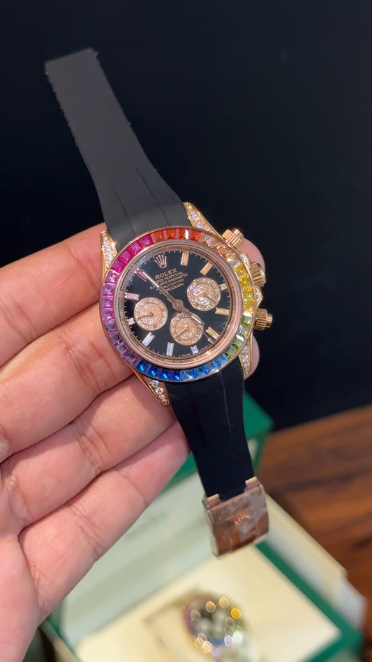 Daytona Rose | Rainbow Diamond Case | Black Pvc Strap | Rainbow Digits | Chrono | Black Dial