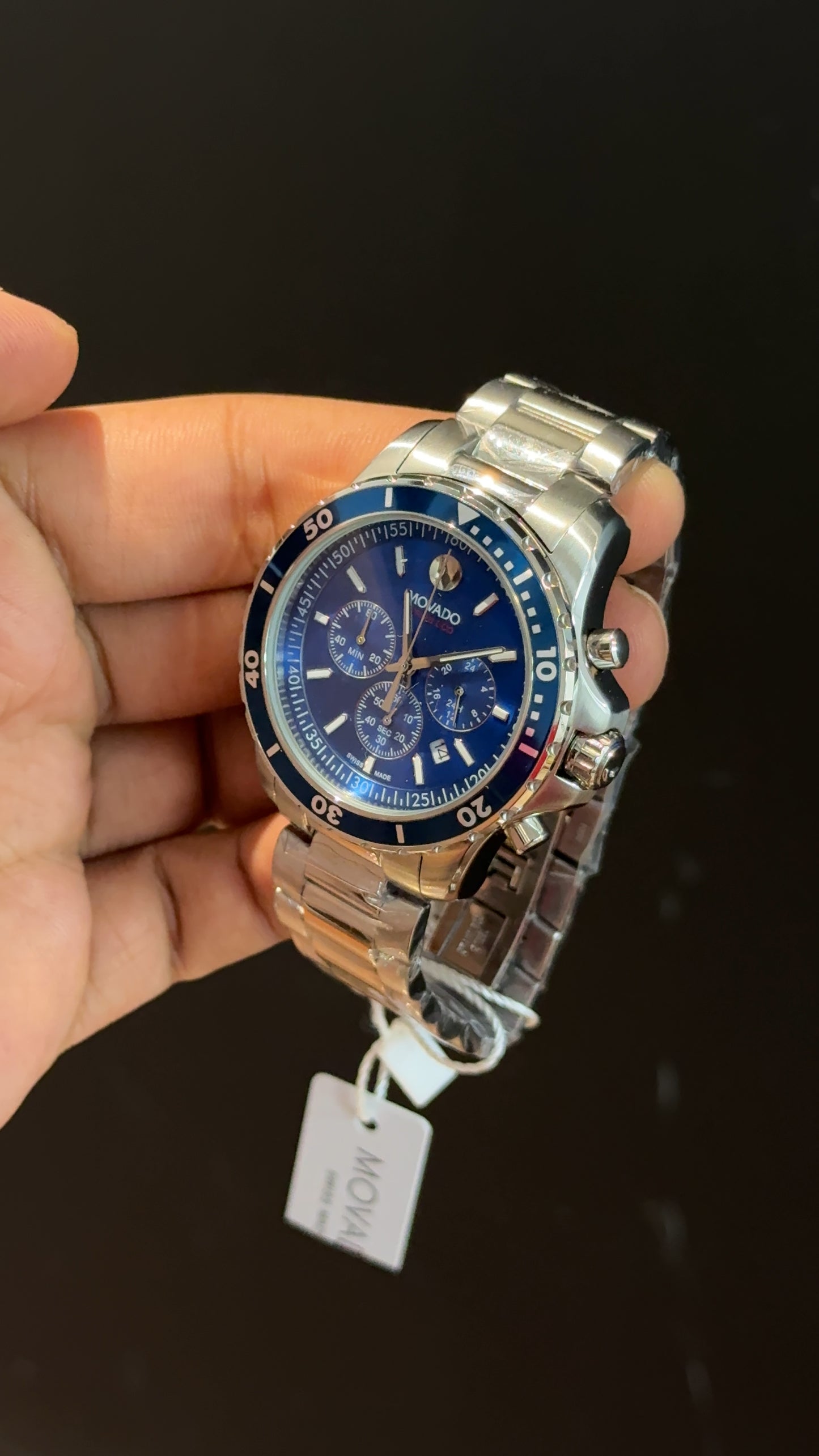 Movado | Silver Chain | Blue Bezel | Chrono | Blue Dial