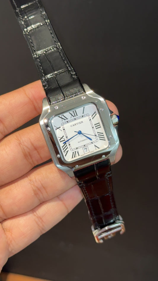 Cartier Santos | Silver Case | Black Strap | white Dial - twentyfour