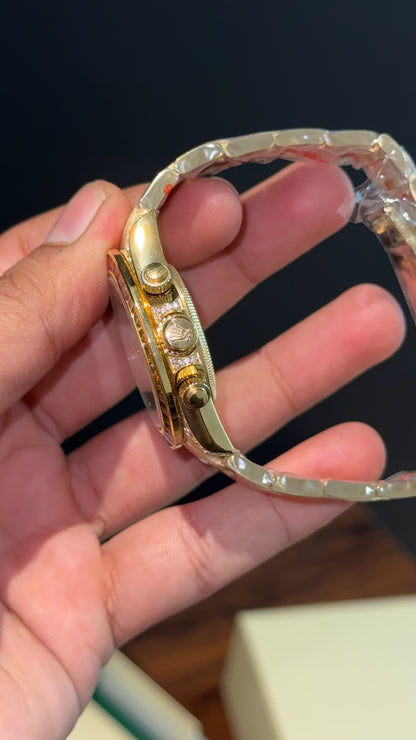 Daytona | Rainbow Diamond Case | Gold Chain | Rainbow Digit |Chrono | Gold Pearl Dial