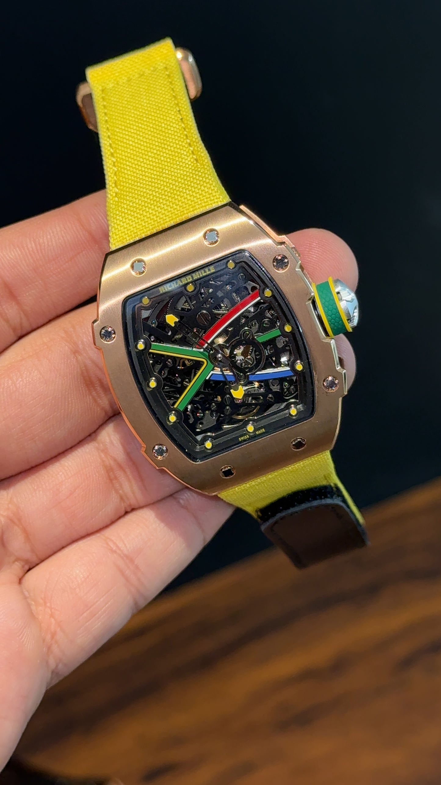 Premium Richard Mille | RM 67-02 Series  | Rose Case | Skeleton | Yellow Strap | Black Dial