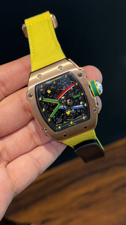 Premium Richard Mille | RM 67-02 Series  | Rose Case | Skeleton | Yellow Strap | Black Dial