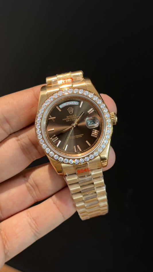 Daydate | Diamond Bezel | Rose Chain | Brown Index Dial