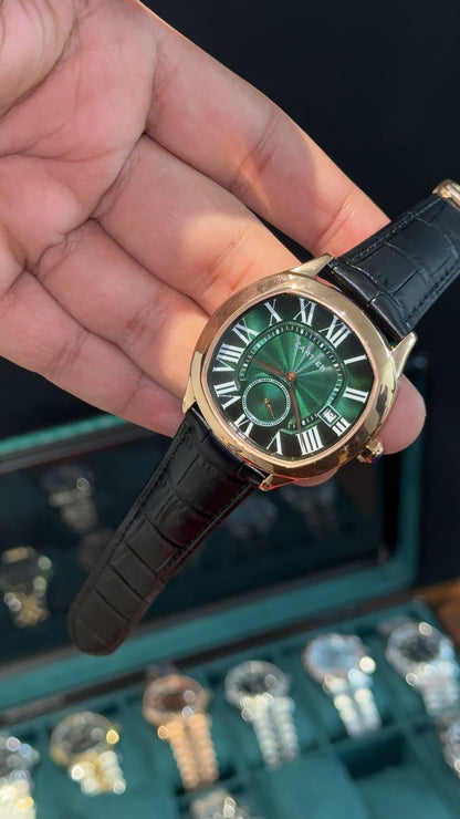 Cartier Rose | Black Leather Strap | FlyBack Second | Green Roman Dial