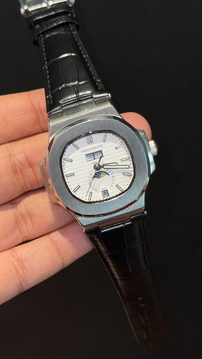 Pp Auto | Moonphase | Yearly Edition | Silver Case | Black Leather Strap | White Dial