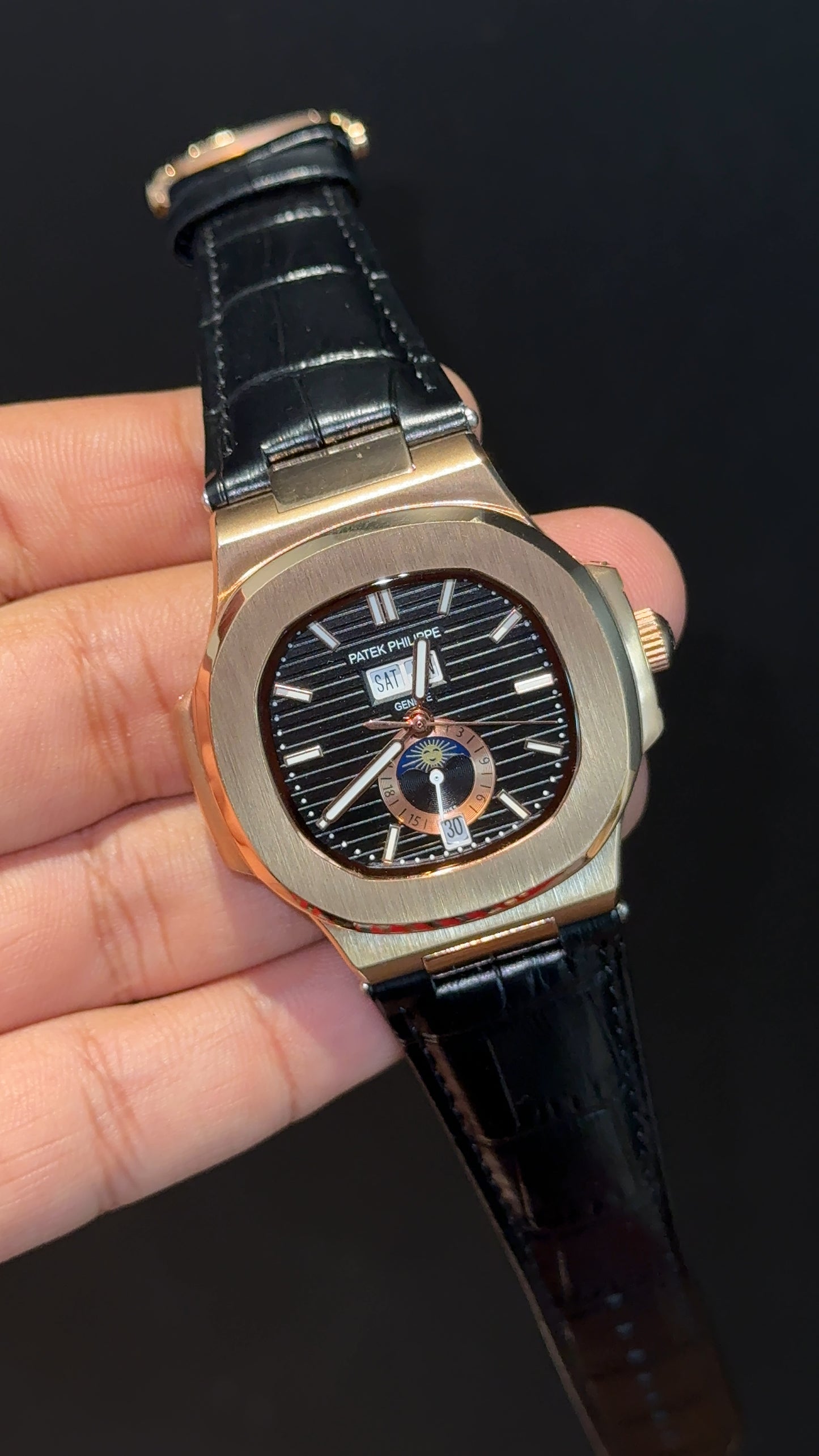 Pp Auto | Moonphase | Yearly Edition | Rose Case | Black Leather Strap | Black Dial