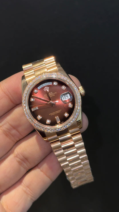 Premium Daydate | Diamond Bezel  | 36mm | Rose Chain | Gradient Brownish Dial