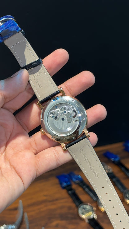 Patek Rose | Black Leather Strap | MoonPhase | Pendulum | Grey Machine Dial