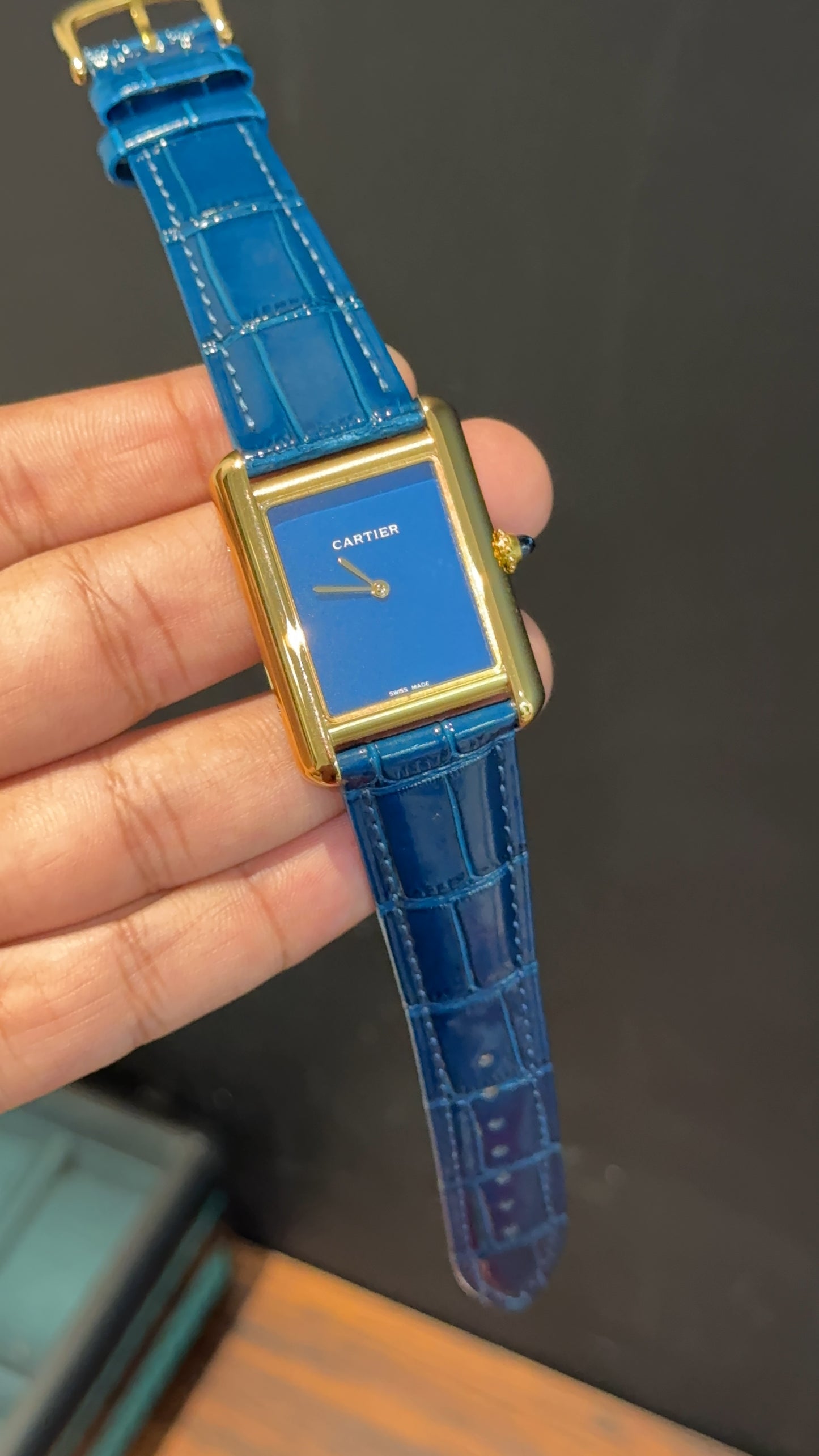 Cartier Tank | Gold | Blue Leather Strap | Blue Crafted Dial