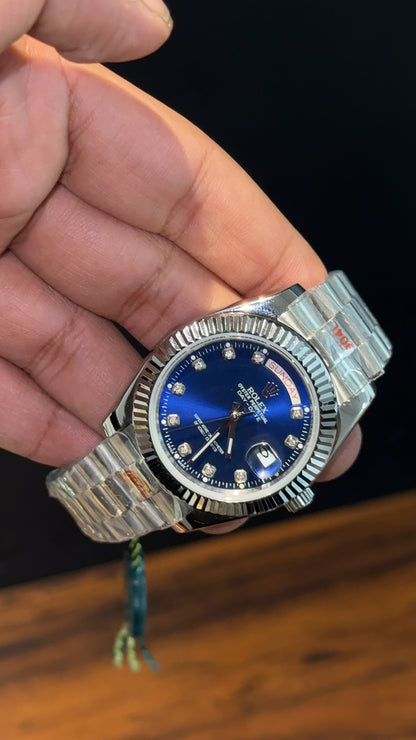 Daydate | Silver Chain | Diamond Digit | Blue Dial