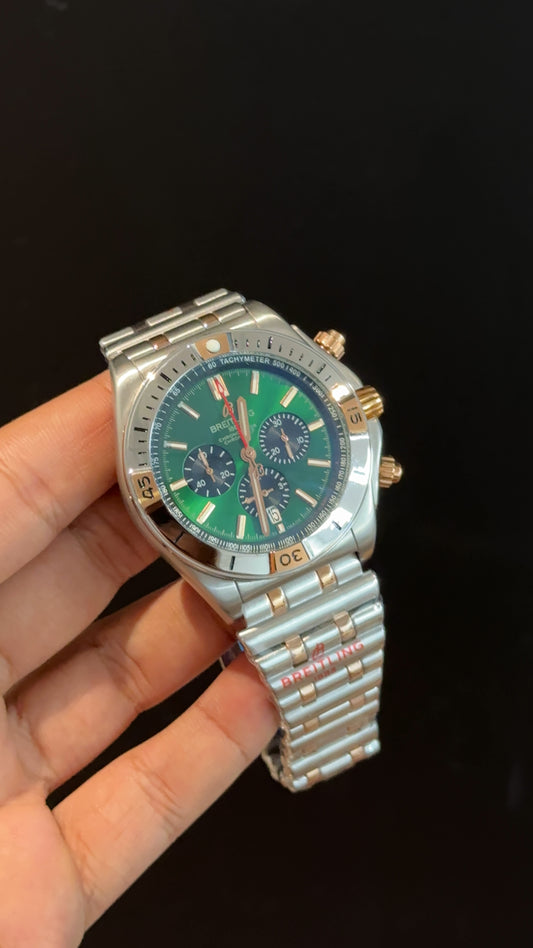 Brietling | Rose Two Tone Chronomat | Black Chrono | Green Dial