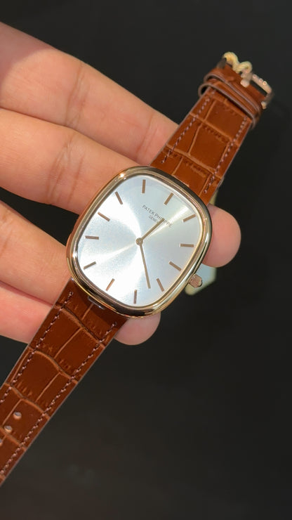 Pp Ellipse | Rose Case | Brown Leather Strap | White Ebony Dial