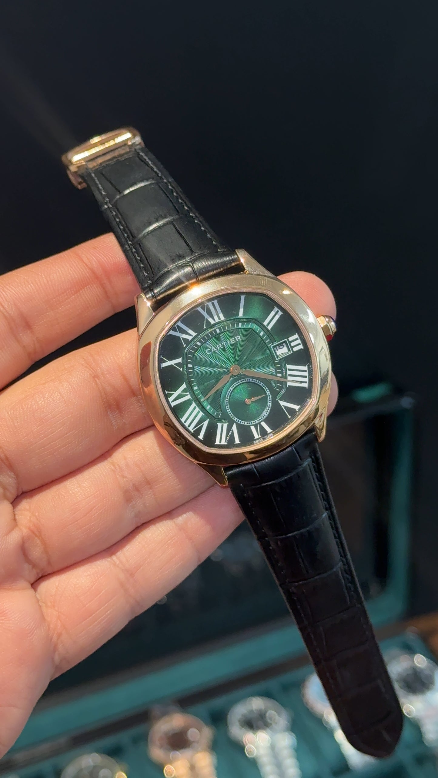 Cartier Rose | Black Leather Strap | FlyBack Second | Green Roman Dial