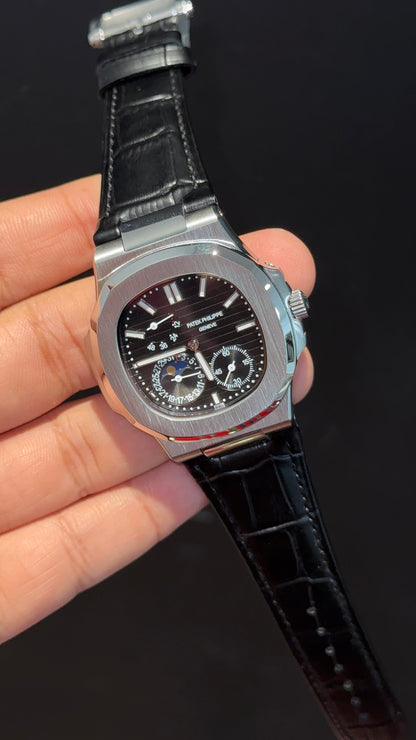 Pp Auto | Silver Case | Black Strap | Moonphase | Sub Black Dial