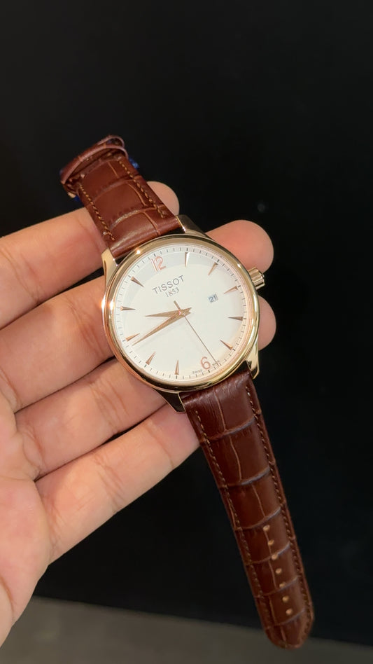 Tissot Rose | Brown Leather Strap | White Rose  Dial