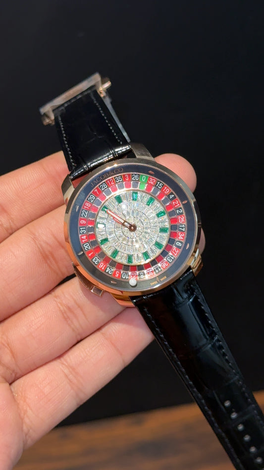 Executive Jacob And Co | Rose Case | Casino Tourbillon Edition | Black Leather Strap | White Diamond Dial