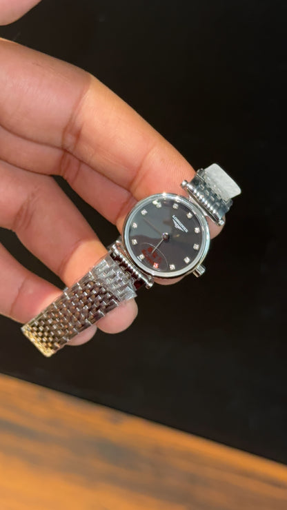 Longines | Woman | Silver Chain | Black Diamond Dial