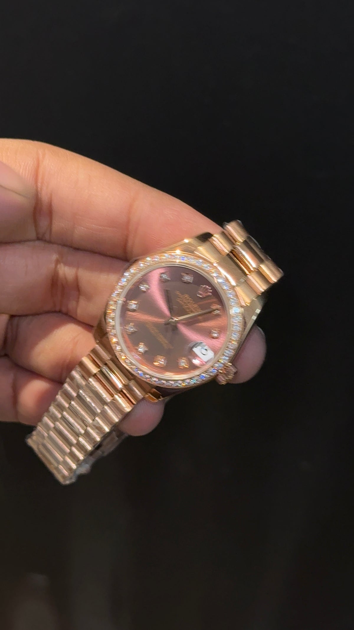 Premium DateJust | Eveline | Diamond Bezel | 30mm | Women | Rose President Chain | Brown Diamond Dial