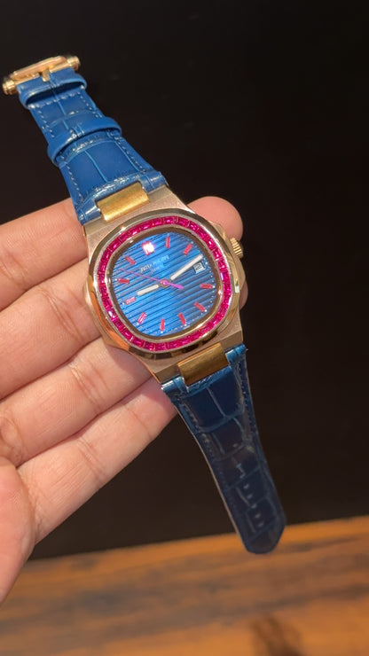 Pp Rose | Auto | Pink Diamond Bezel | Blue Leather Strap | Blue Dial | Pink Digits