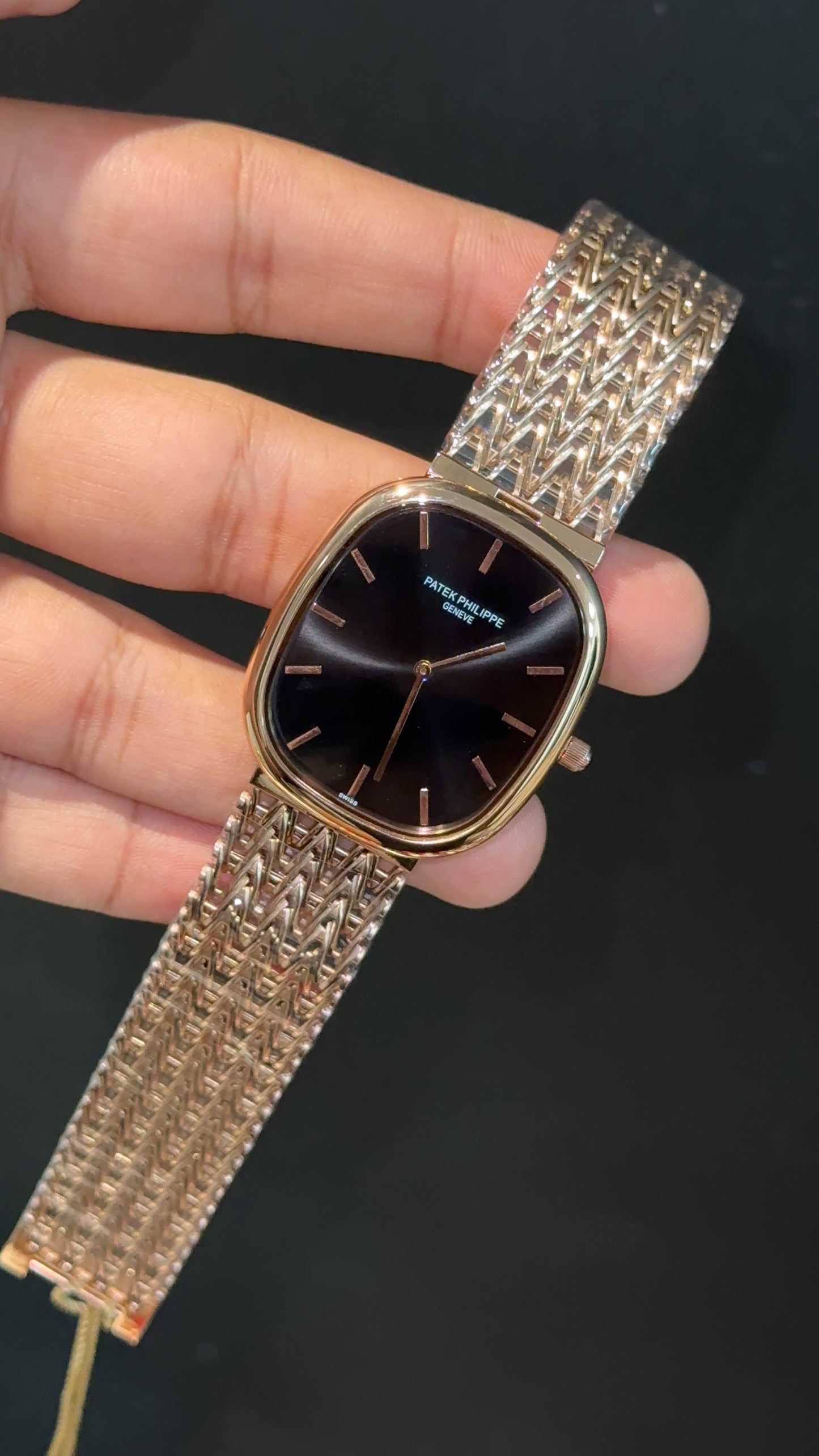 Pp Ellipse | Rose Mesh Chain | Black Ebony Dial