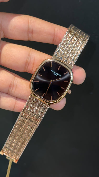 Pp Ellipse | Rose Mesh Chain | Black Ebony Dial