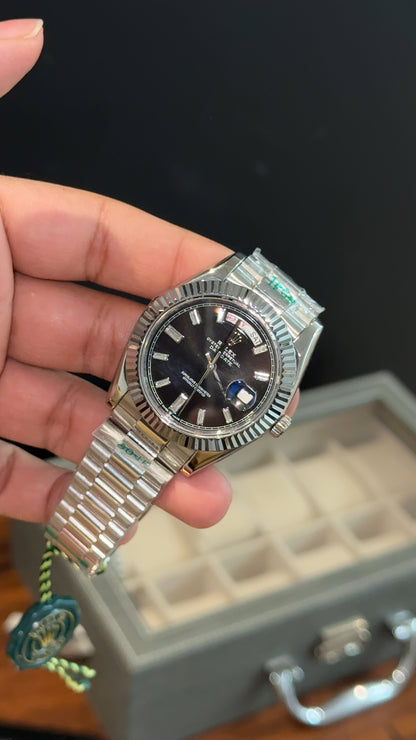 DayDate | Silver Chain | Pearls Digits | Black Dial