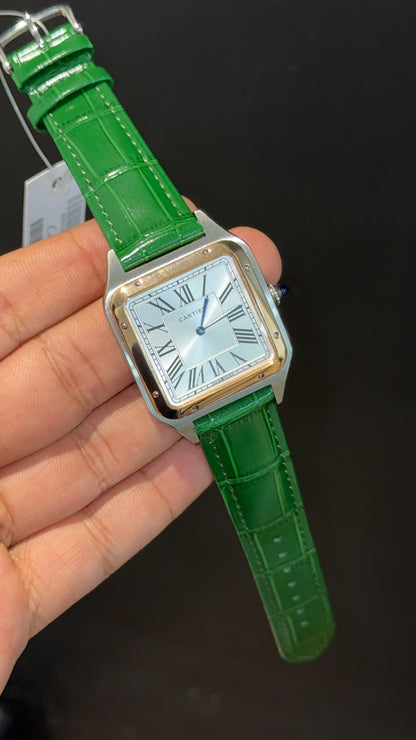 Cartier Santos | Rose Two Tone Case | Green Dumont Strap | White Dial
