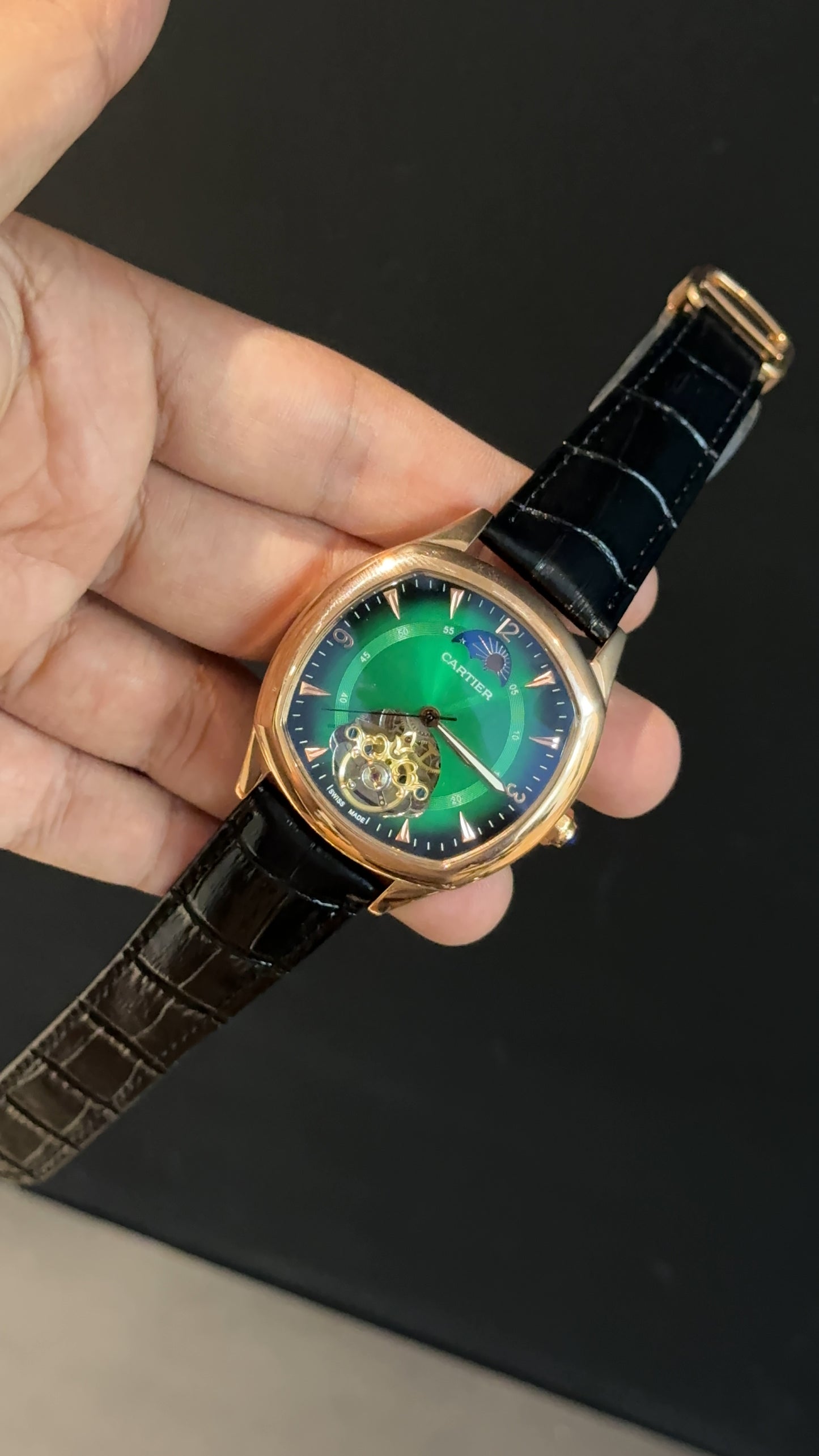Cartier | Rose Square Bezel | Pendulum | Moonphase | Black Strap | Shady Green Dial