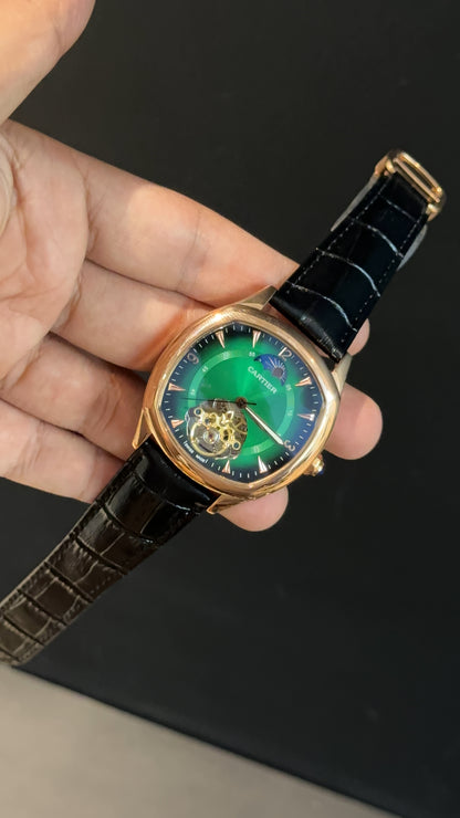Cartier | Rose Square Bezel | Pendulum | Moonphase | Black Strap | Shady Green Dial