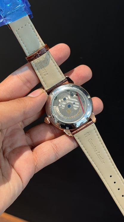 PP Auto | Rose | Pendulum | MoonPhase | Brown Leather Strap | White Circle Plain  Dial