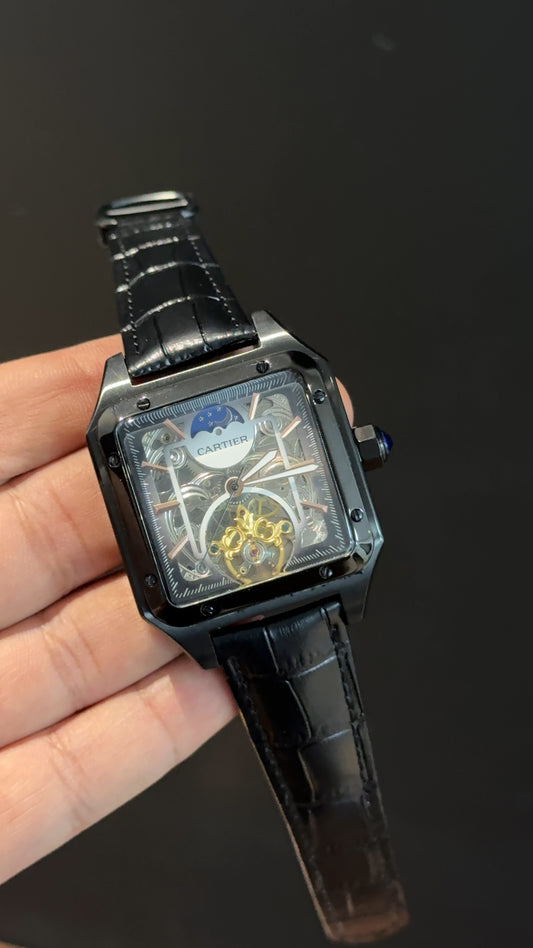 Cartier | Black | Skeleton | Square Shape Case | Moonphase | Black Leather Strap | Grey Dial