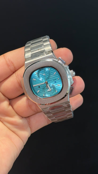 PP Auto | Silver Chain | Dual Time Edition | Sky Blue l Dial
