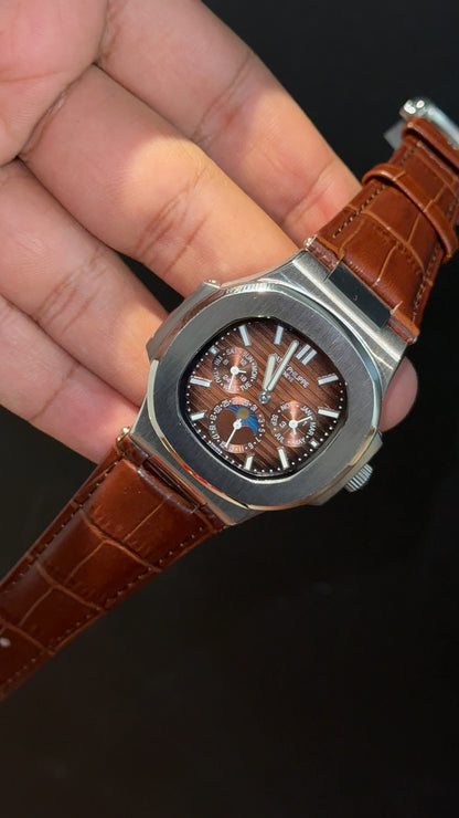Pp Auto | Moonphase | Chrono | Silver Case | Brown Leather Strap | Choco Brown Dial