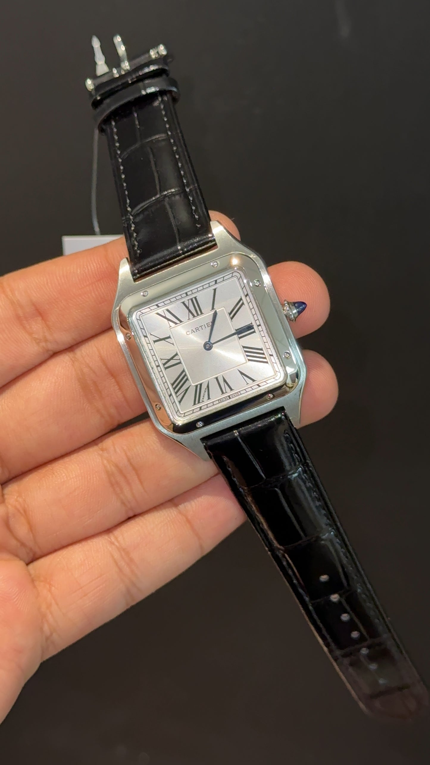 Cartier Santos | Silver Case | Black Dumont Strap | White Dial