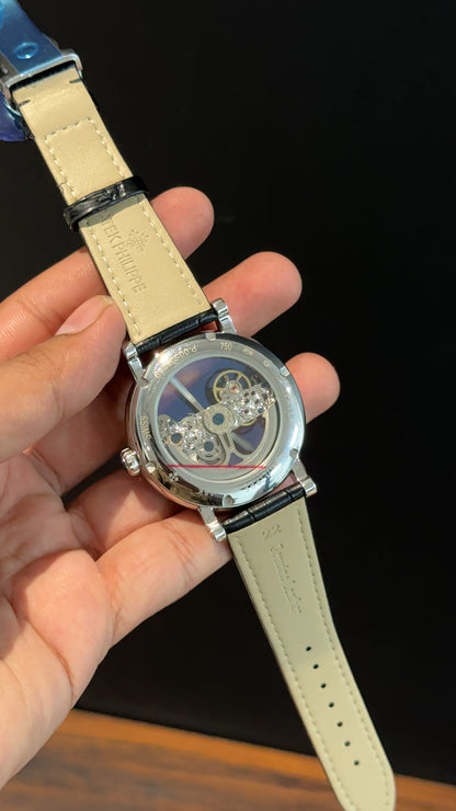 Pp Auto | Gold Skeleton | Black leather strap | Transparent Gold Dial