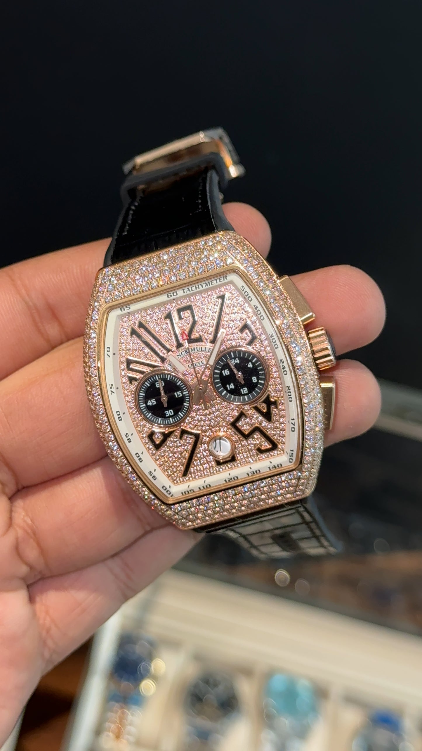 Premium Franck Muller | Vanguard Chronograph Edition | Rose Diamond Case | Black Leather Strap | Rose Pearl Dial