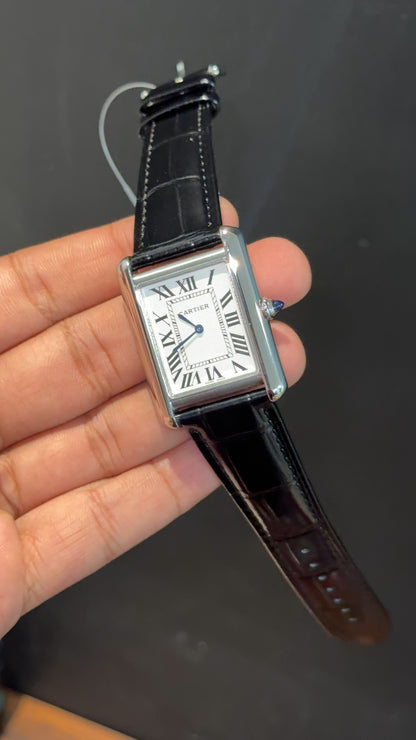 Cartier Tank | Silver | Black Leather Strap | White Crafted Dial