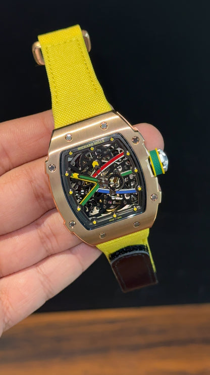 Premium Richard Mille | Rose | RM 67-02 Edition | Yellow Strap | Skeleton | Black Dial