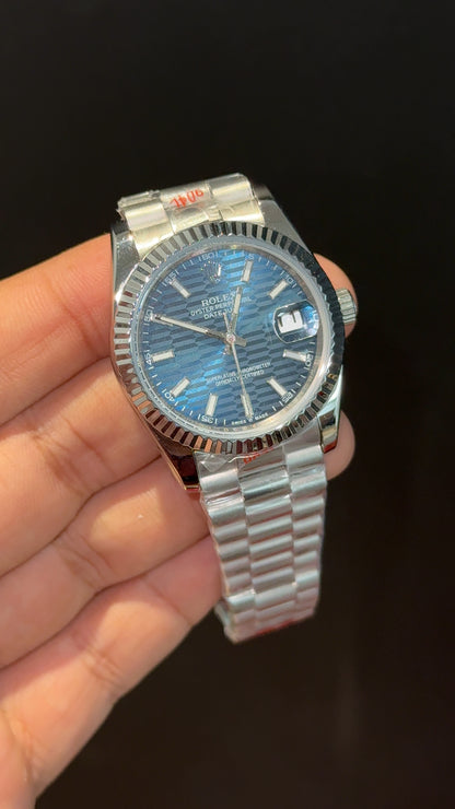 Datejusy | 36mm | Silver Chain | Navy Blue Textured Dial