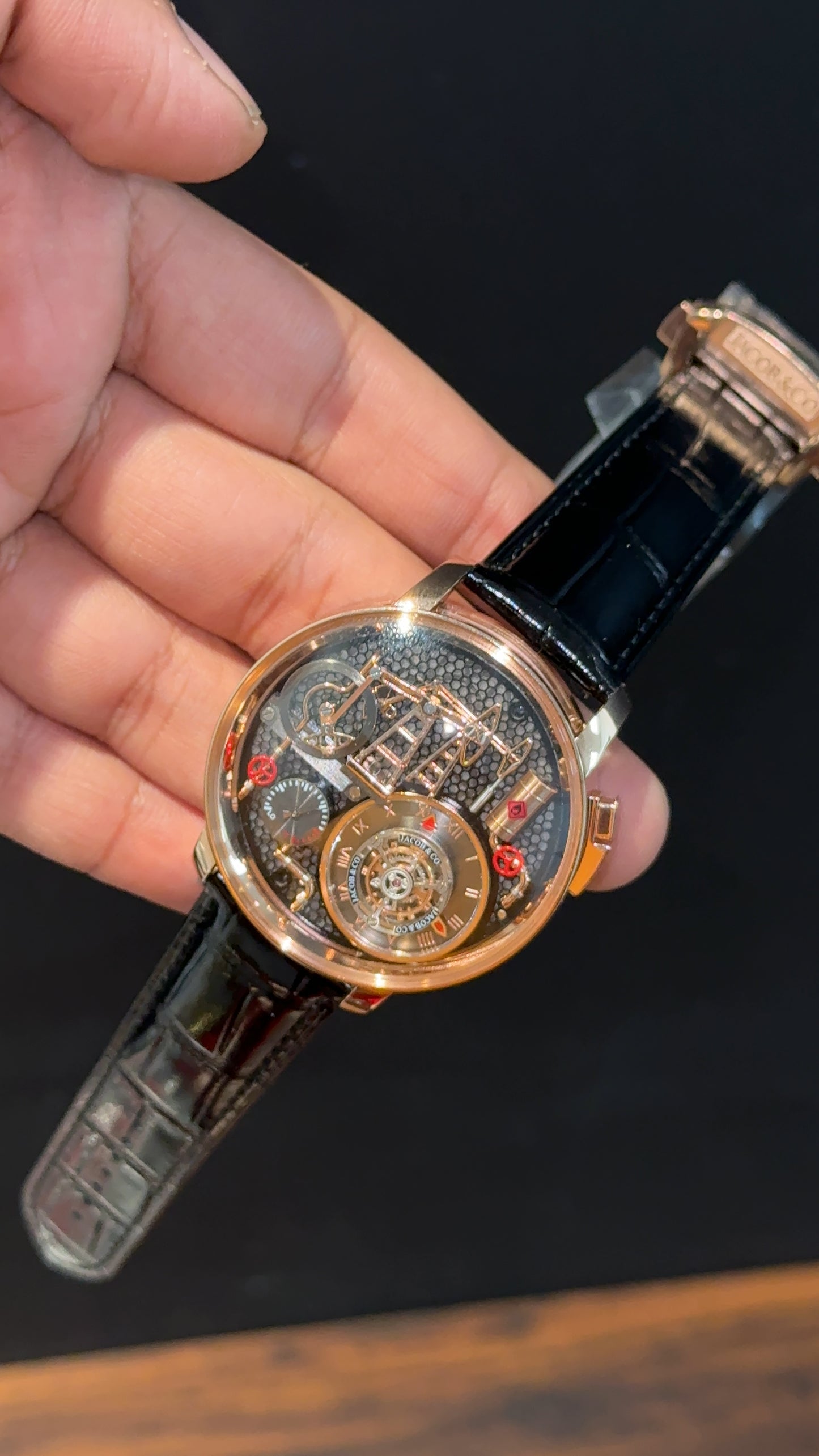 Executive Jacob And Co | Rose Case | Oil Pump Edition | Black Leather Strap | Black Dial