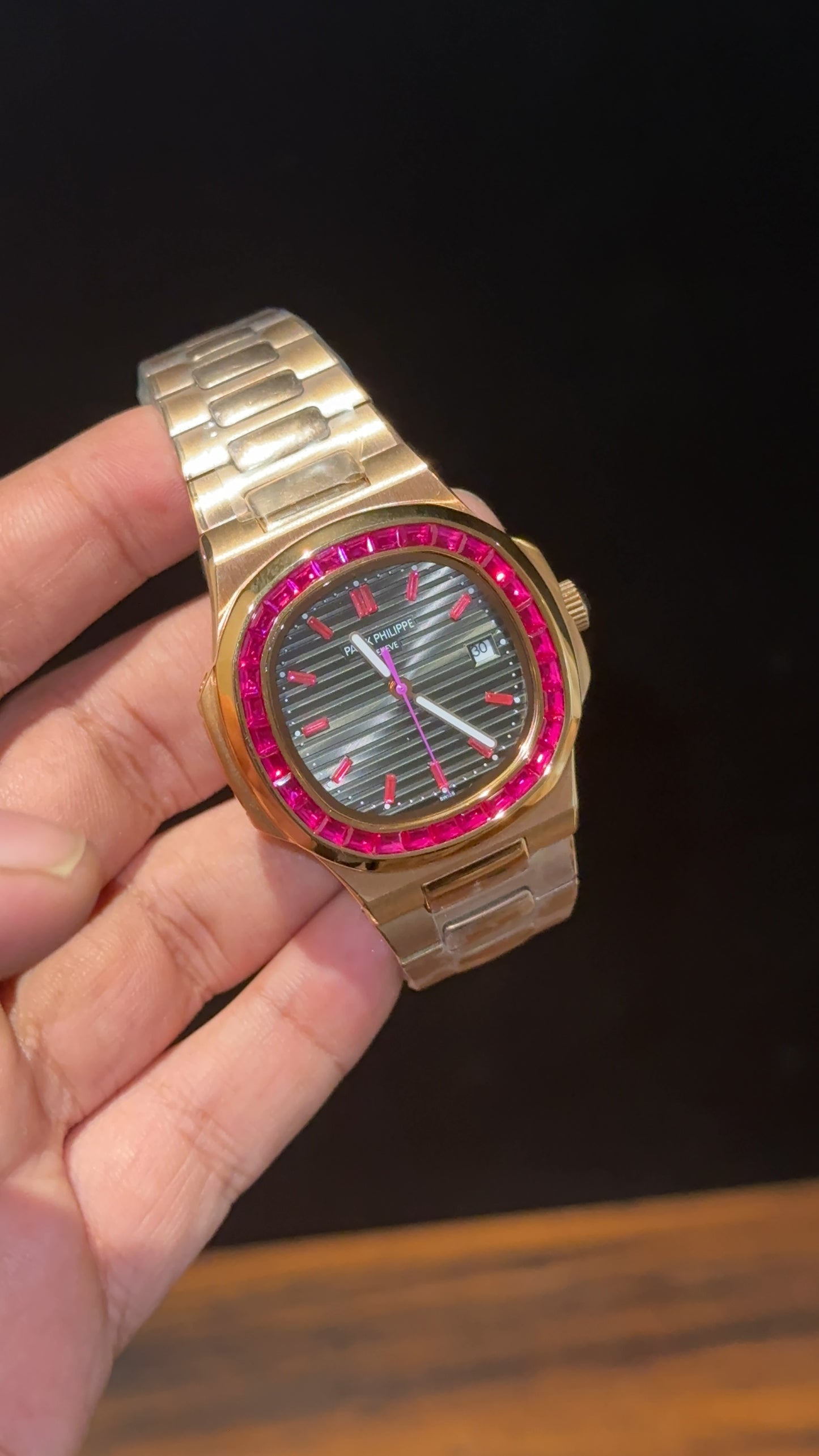 Pp Auto | Rose Chain | Pink Diamond Bezel | Pink Digits | Black Dial