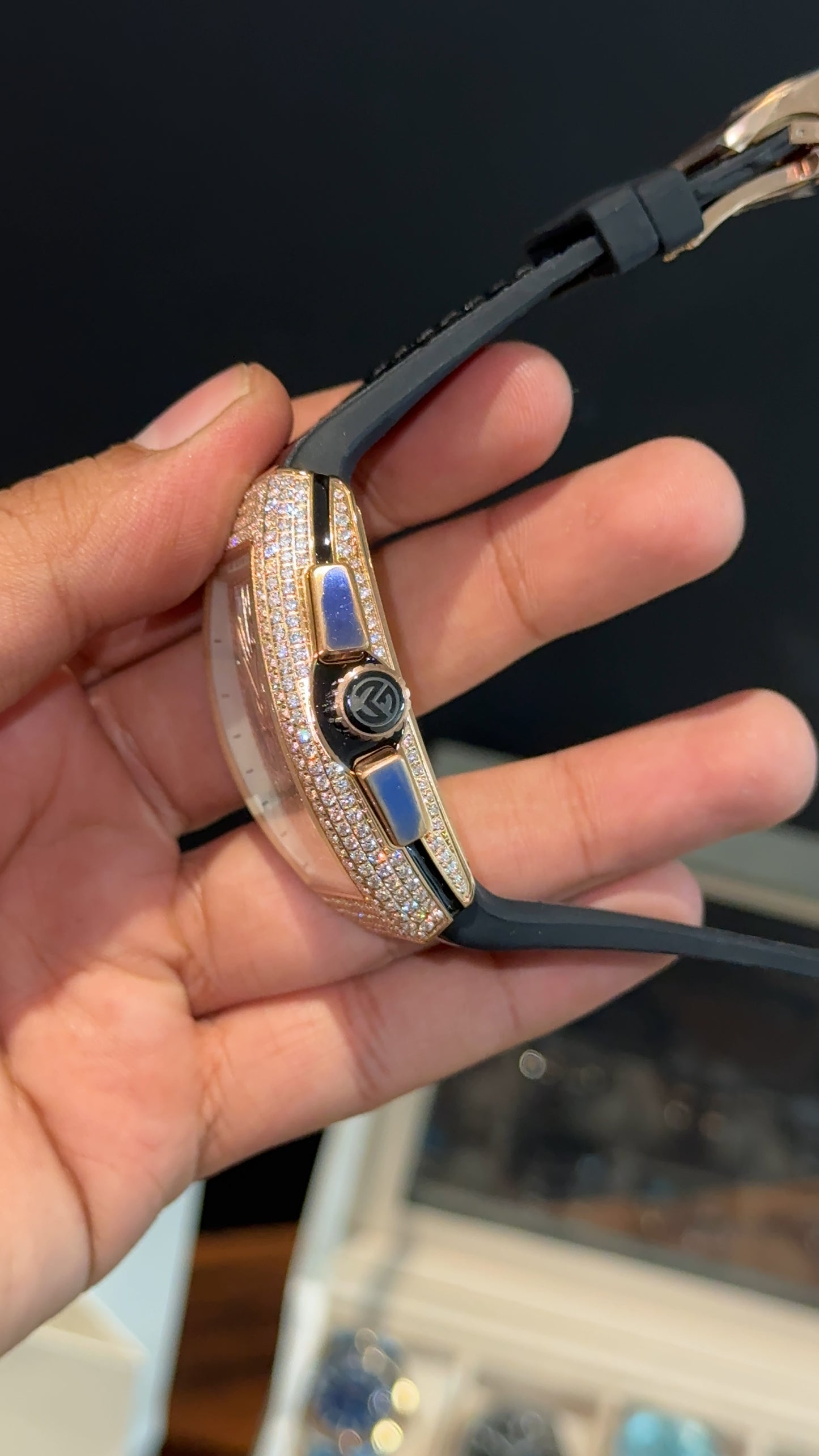 Premium Franck Muller | Vanguard Chronograph Edition | Rose Diamond Case | Black Leather Strap | Rose Pearl Dial