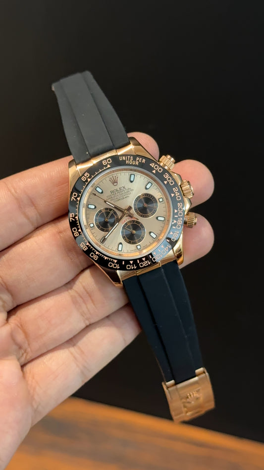 Daytona | Rose | Pvc Strap | Black Chrono | Rose Gold Dial - twentyfour