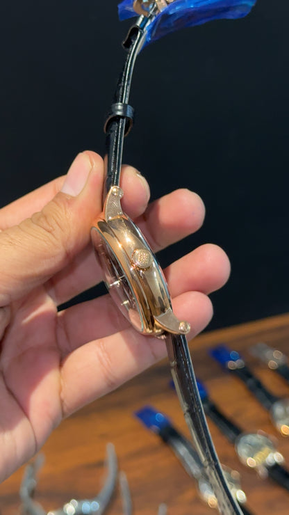 Patek Rose | Moonphase | Pendulum | Second Timer | Black Leather Strap | Grey Machine |  Orange Outline Dial