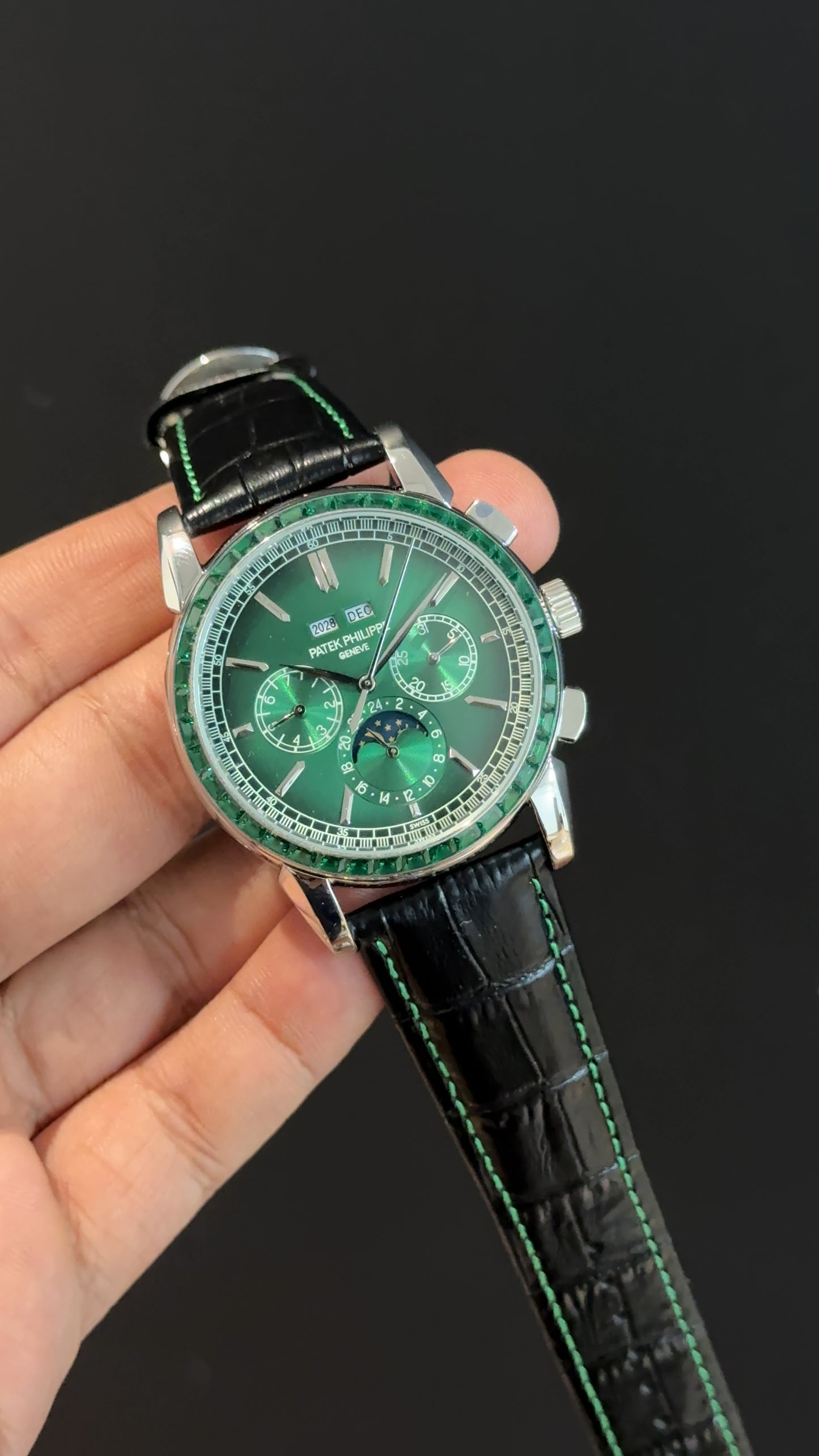 Patek Century | Auto | Silver | Green Diamond Bezel | Black Leather Strap | Green Index Dial