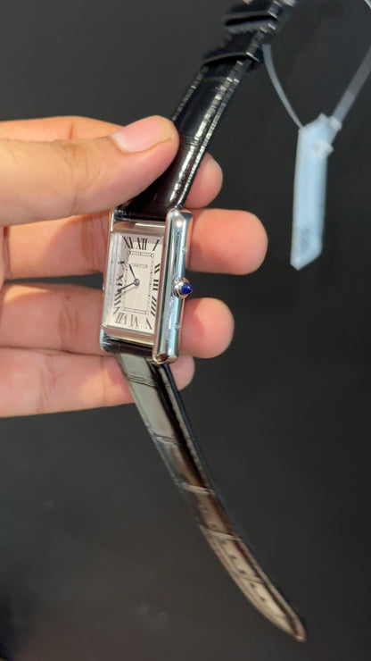 Cartier Tank | Silver | Black Leather Strap | White Crafted Dial