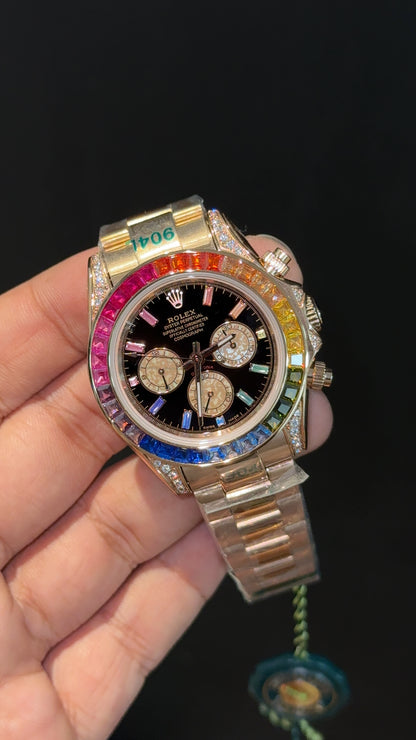 Daytona | Rainbow Diamond Bezel | Rose Chain | Rose Chrono | Black Dial